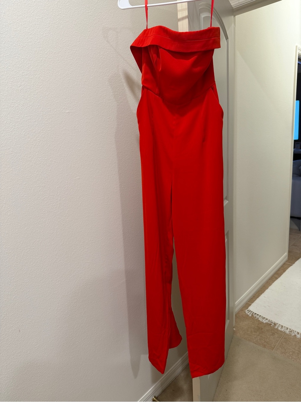 Strapless Red Wide-Leg Jumpsuit with high slits and pockets -tailored